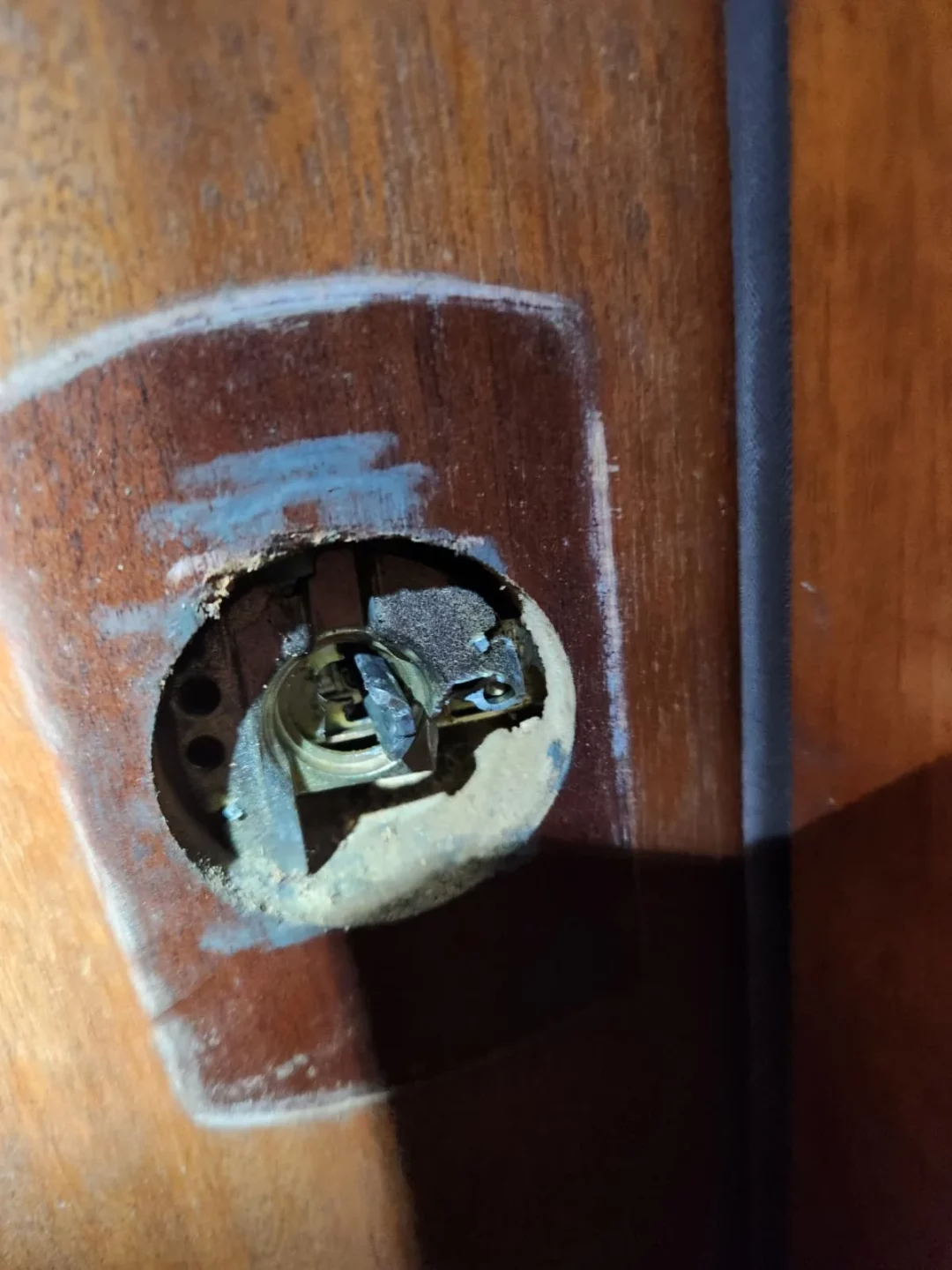 Close view of residential door lock hardware